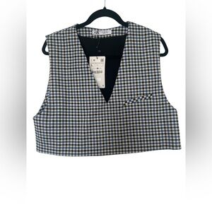 Zara Navy and White Checkered Crop Top